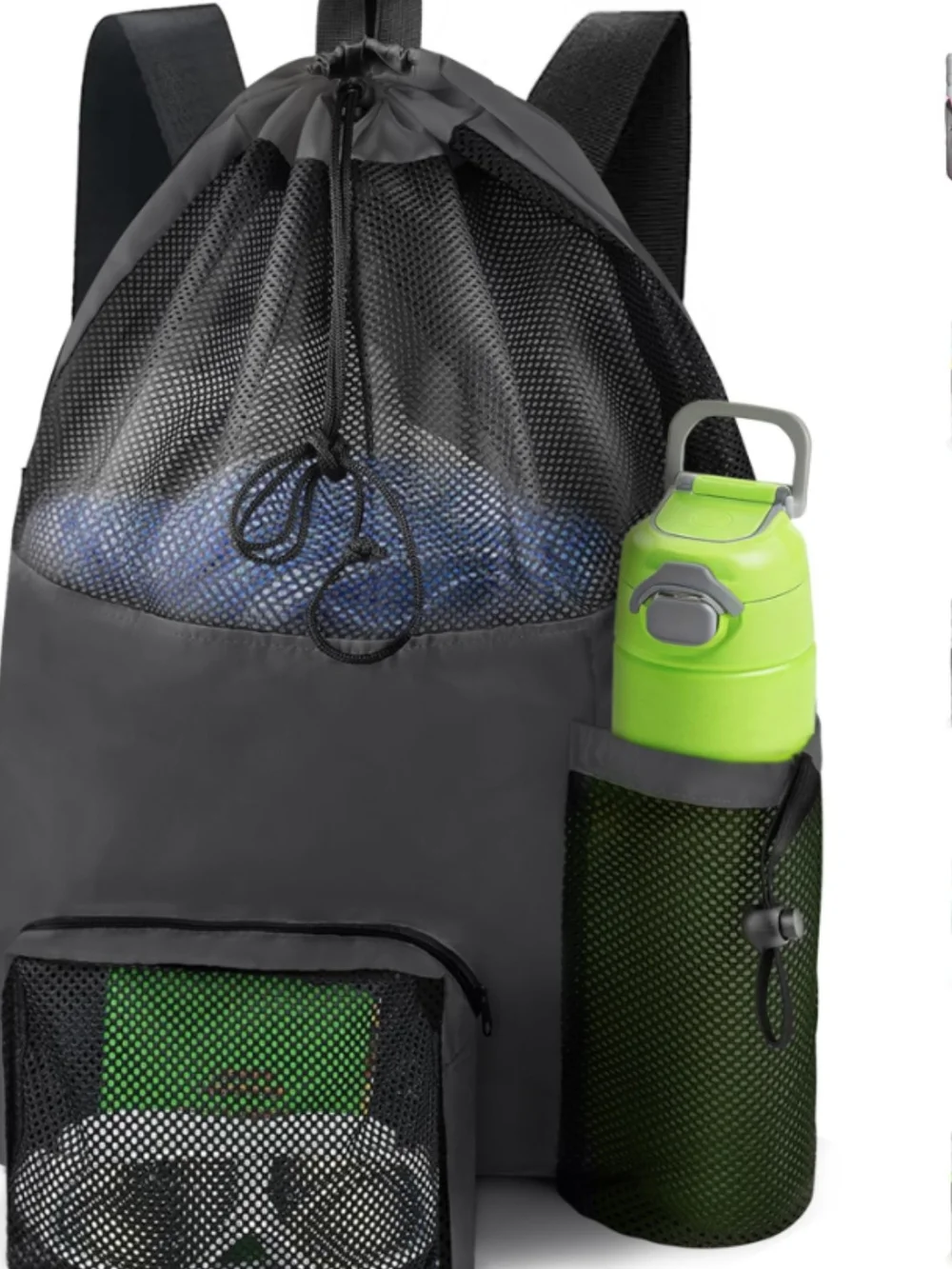 Black Mesh Drawstring Sports Backpack with Side Bottle Pocket